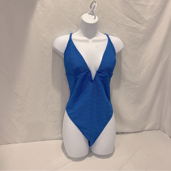 CupShe NWT Sea Surface Texture Deep V Wire Cheeky Swimsuit Royal Blue Size Large - Picture 3 of 16